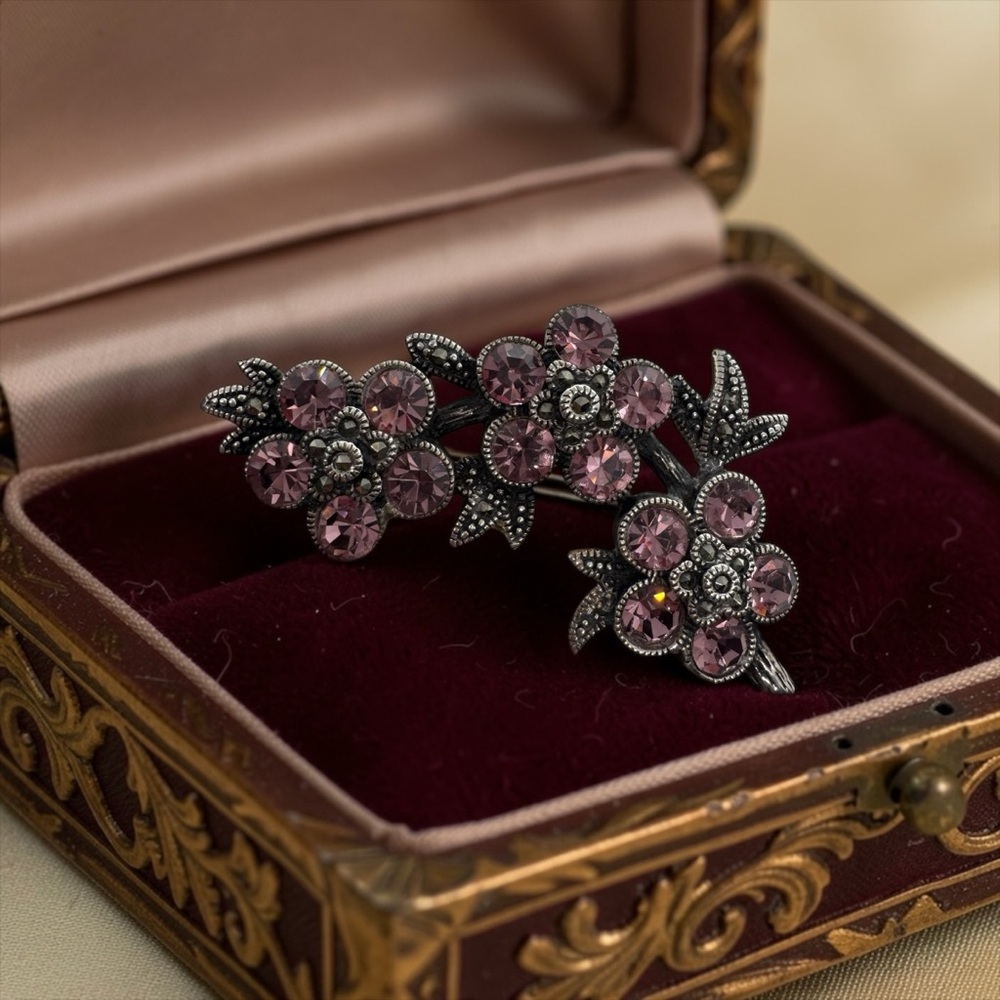 Vintage Pink Crystal Flower Brooch Sterling Silver 925 Marcasite Pin 1950’s